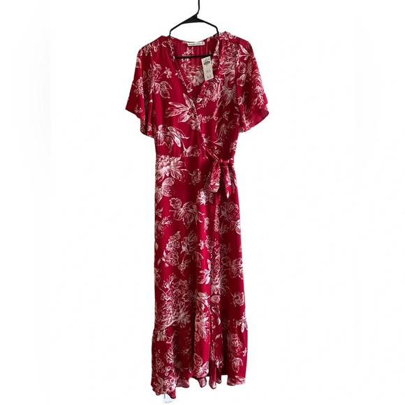 Abercrombie Red V-Neck Floral Maxi Dress Size Small Tall ST NWT - Picture 1 of 7